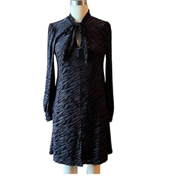 Calvin Klein women's 10 zebra print velvet burnout neck tie long sleeve midi EUC - Picture 1 of 7